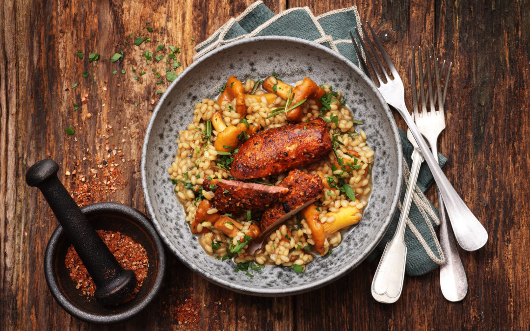 Gegrillter Hasenrücken mit Waldpilzrisotto